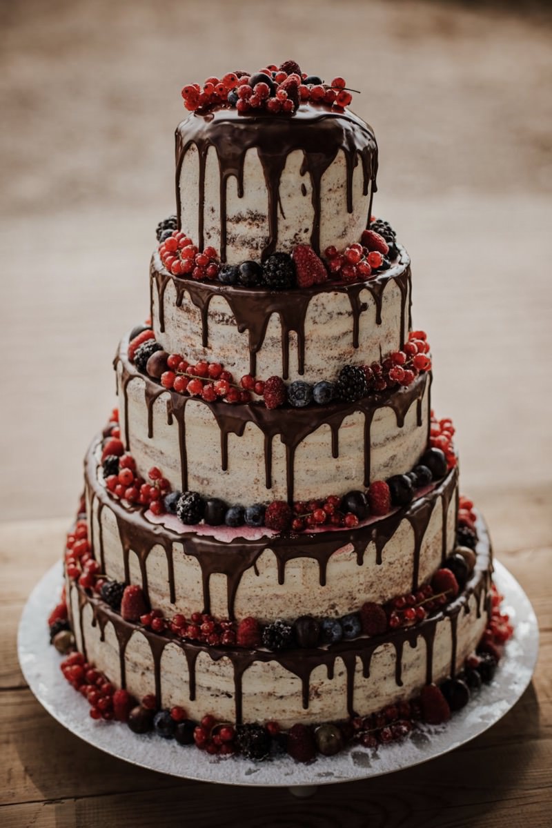 Hochzeitstorte Drip Cake, Semi Naked Cake, Berrycake, fünfstöckige Hochzeitstorte