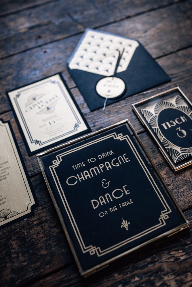 Hochzeitspapeterie Schwarz, Great Gatsby Papeterie, Mottohochzeit