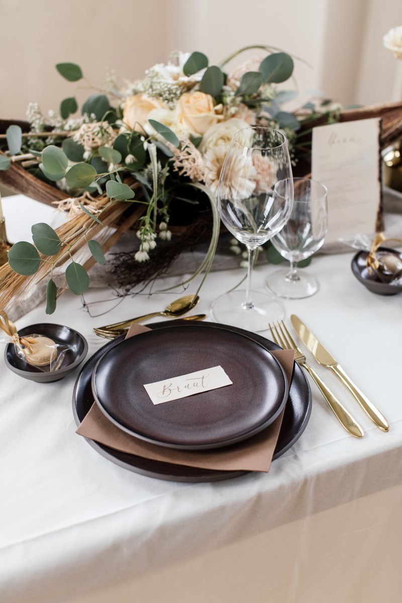 Tischdekoration Hochzeit, Hochzeitsdekoration, Moderne Hochzeit, Schlosshochzeit, Karamell, Schokolade