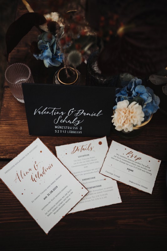 Hochzeitspapeterie Schwarz Blau, Moody Hochzeit, Herbsthochzeit Papeterie