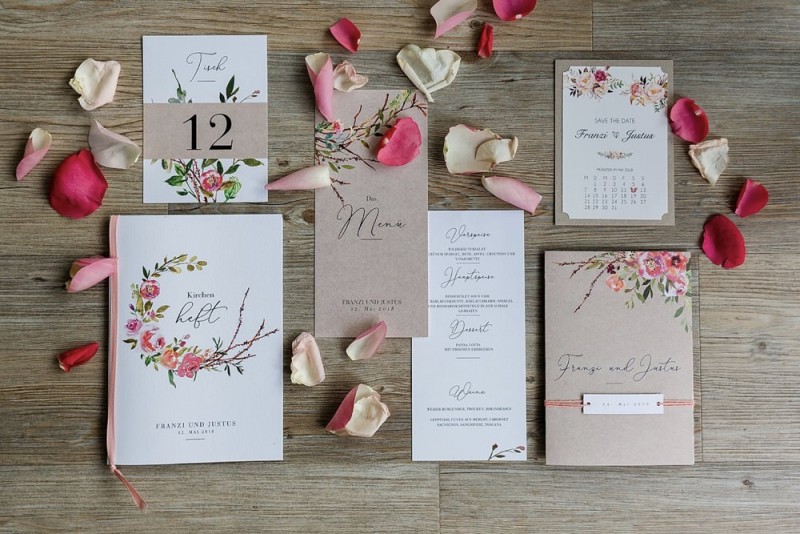 Hochzeitspapeterie floral Rosa, Frühlingshochzeit Papeterie, Kraftpapier