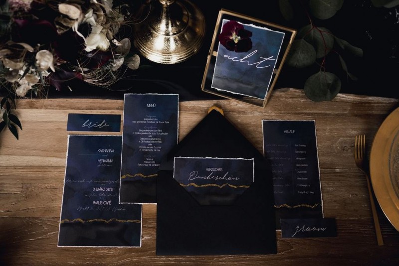 Hochzeitspapeterie Schwarz Dunkelblau, Moody Hochzeit