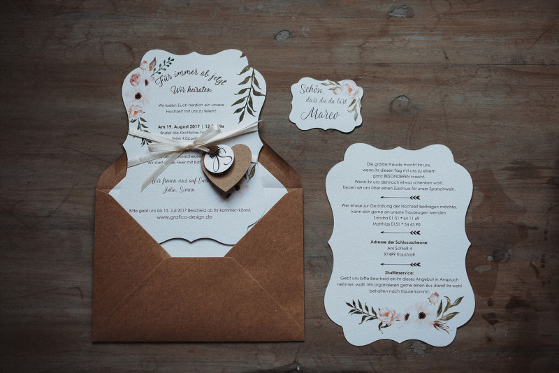 Hochzeitspapeterie Boho mit Kraftpapier und Blumenmuster Menükarten Hochzeit, Save the Date Karten Hochzeit, Hochzeitseinladungen, Einladungen zur Hochzeit, Einladungskarten Hochzeit