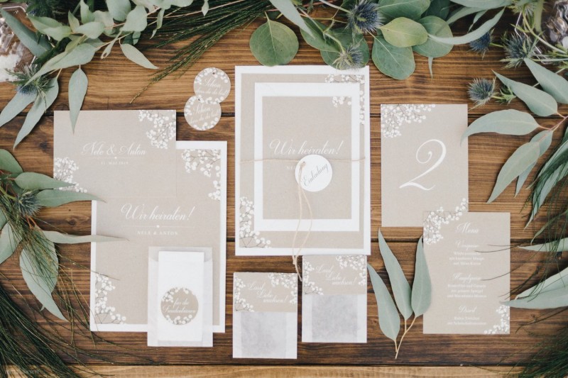 Hochzeitspapeterie Weiß Beige, Florale Papeterie