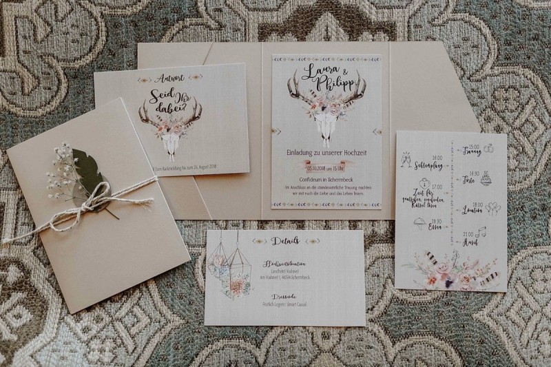 Hochzeitspapeterie Boho, Florales Geweih, Papeterie