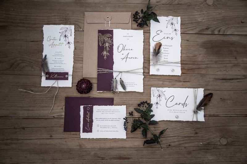 Hochzeitspapeterie Boho, Dunkelrot florale Papeterie