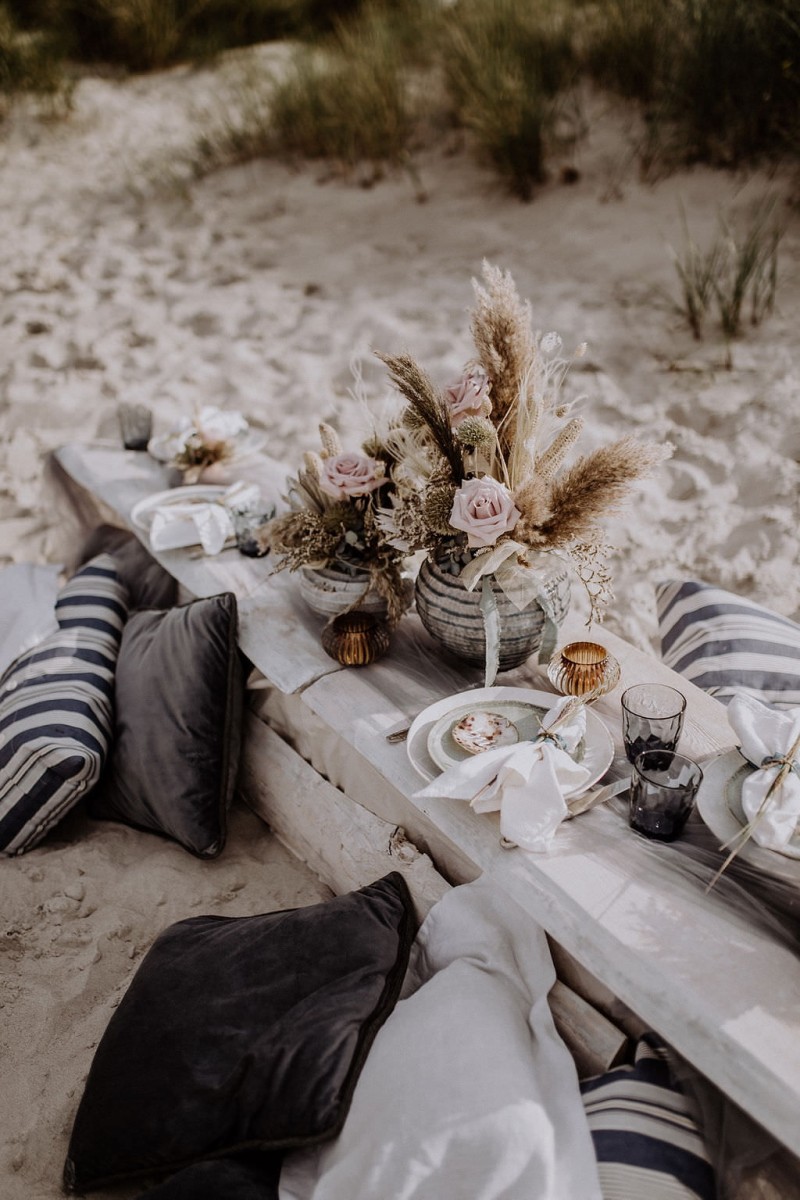 Tischdekoration Bohohochzeit, Strandhochzeit Tischdekoration
