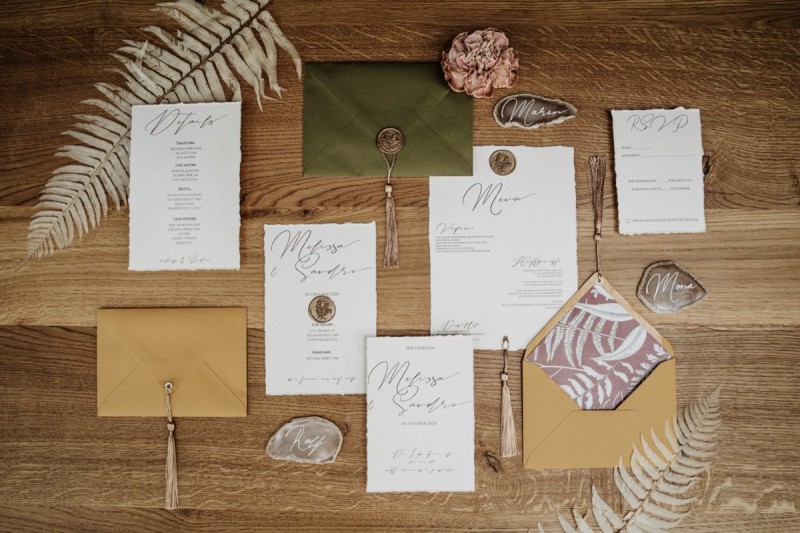 Hochzeitspapeterie Grün-Gold, Hochzeitspapeterie Bohohochzeit