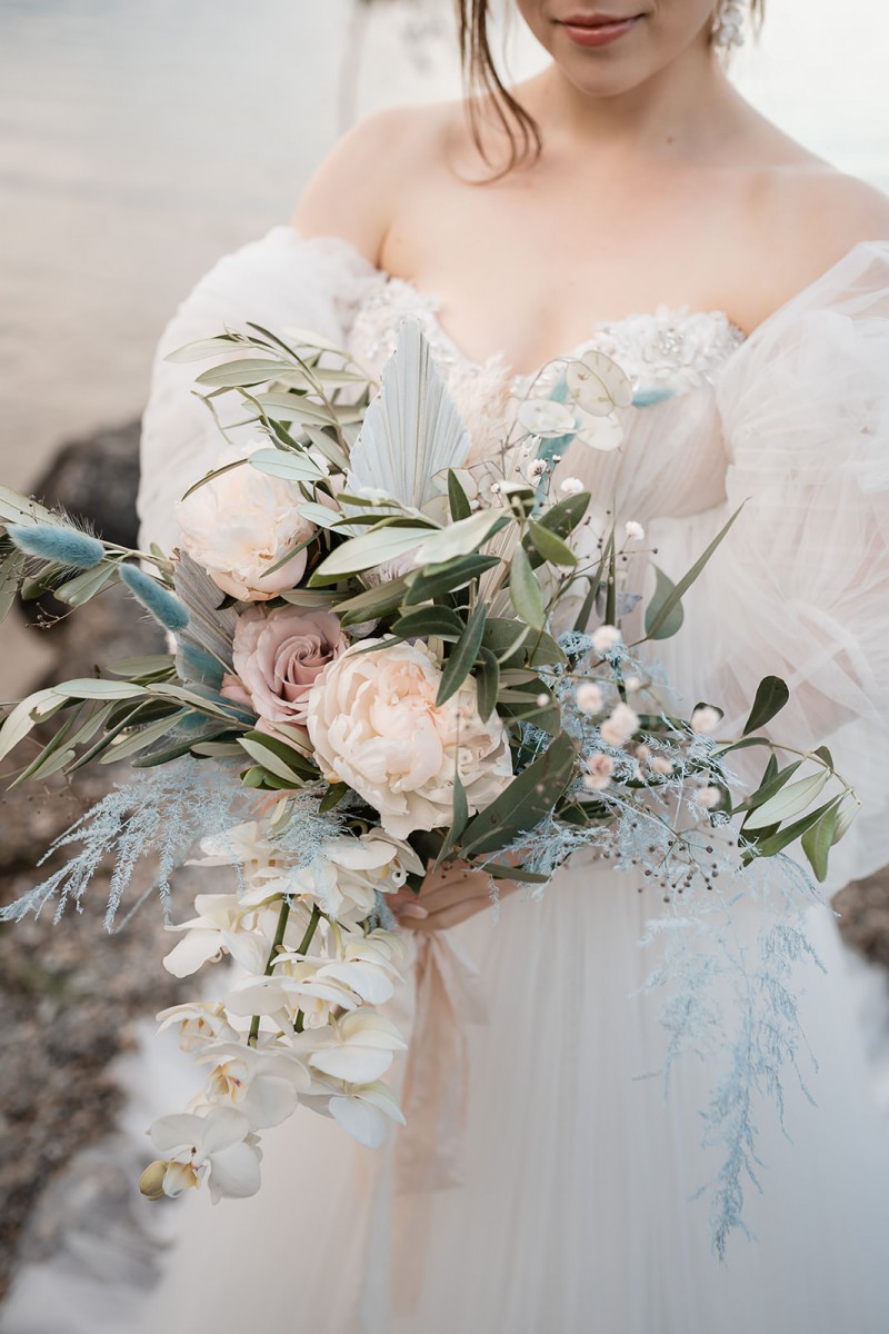 Brautstrauß Boho, Brautstrauß Grün-Blau, Bohohochzeit, Strandhochzeit, Brautstrauß