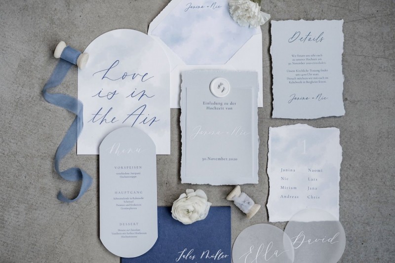 Hochzeitspapeterie Blau, Hochzeitspapeterie Grau-Blau, Winterhochzeit Papeterie