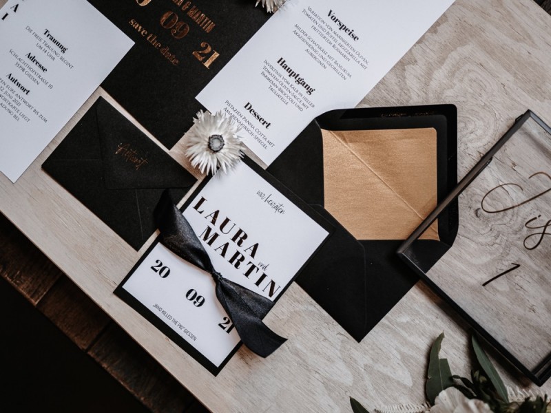 Eine Industrial Hochzeit in Schwarz und Weiß Hochzeitspapeterie, Papeterie, Schwarz, Weiß, Gold