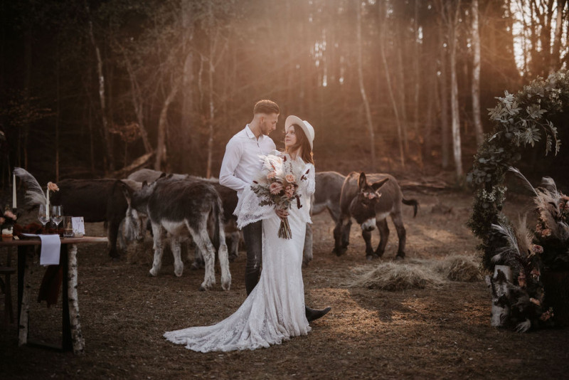 Eine atmberaubende Bohohochzeit mit suessen Eseln auf der Waldlichtung der Eselwanderung Pfalz