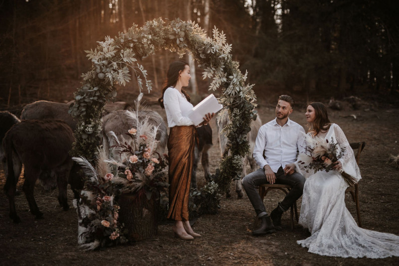Eine atmberaubende Bohohochzeit mit suessen Eseln auf der Waldlichtung der Eselwanderung Pfalz